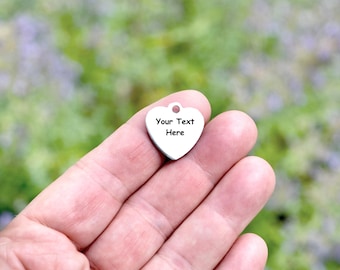 Personalized  Stainless 316L Steel Polished Both Sides Charm, Laser Engraved, Choose Your Font, and Quantity,  Heart Charm EB03E