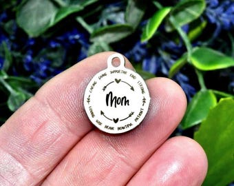 Mom Charm, Stainless Steel Mother Gift, Loving, Caring, Strong Mom Pendant, Insprirational Jewelry Mothers Day Gift CC1896