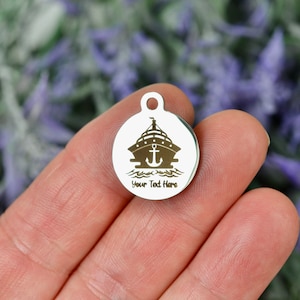 Personalized Stainless Steel Polished on Both Sides with a Cruise Ship Charm, Laser Engraved, Choose Your Font, Quantity CC1379
