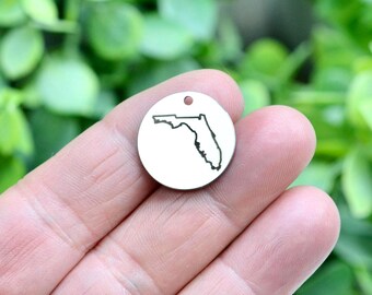 Florida  State Charm, Stainless Steel Engraved Florida Outline, Custom State Jewelry Tag, Travel Gift CC758