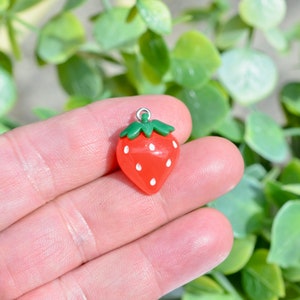 5  Strawberry Red and Green Plastic  Charms SC1279