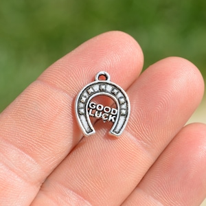 May include: Silver charm in the shape of a horseshoe with the words "Good Luck" inscribed on it.