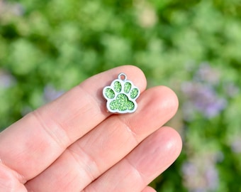 BULK 20 Paw Silver Tone and Light Green Glitter Enamel Charms SC1683