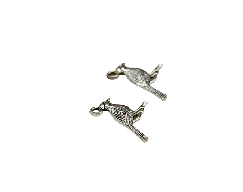 K&ouml;nnte beinhalten: Zwei silberne Vogel-Anh&auml;nger aus Metall mit einer &Ouml;se zum Anbringen an einer Halskette oder einem Armband.