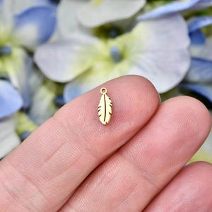 May include: A gold-coloured metal feather charm with a hole at the top for attaching to jewellery or other crafts.