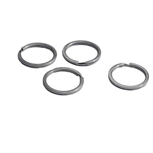 May include: Four silver key rings, each with a circular shape and a smooth, metallic finish.