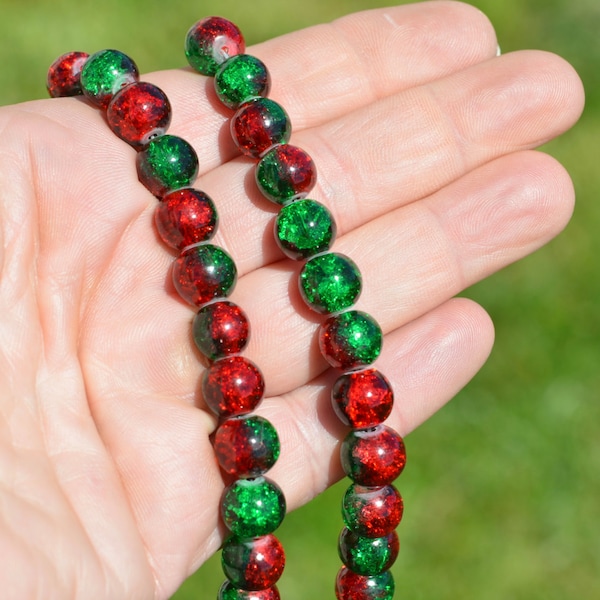 1 Strand , Approx. 80 Beads, Glass Two Tone 10mm Red and Green Crackle  Round Beads  BD904