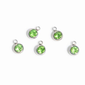 BULK 20 Light Green, Peridot  Stainless Steel and Glass Birthstone Drop Charms SC2187