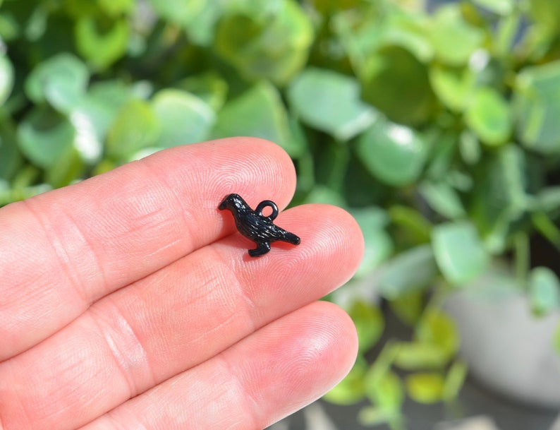 May include: A small black metal crow charm with a loop for attaching to a necklace or bracelet.