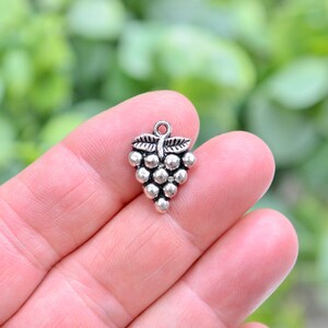 May include: Silver charm in the shape of a bunch of grapes. The charm has a detailed design with a stem and leaves.