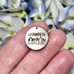 May include: A circular silver-toned metal charm featuring an engraved design of five pumpkins and the text "hello PUMPKIN" in a dark font. The charm has a small hole at the top for attachment and a smooth, reflective surface finish.