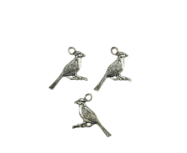 K&ouml;nnte beinhalten: Drei silberne Vogel-Anh&auml;nger aus Metall, jeder zeigt einen Kardinal, der auf einem Ast sitzt. Die Anh&auml;nger haben oben eine Schlaufe zum Anbringen an Schmuck oder anderen Bastelarbeiten.