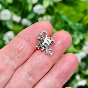 May include: Silver charm in the shape of a dragon with wings and a tail. The charm is small and detailed.