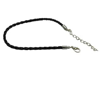 1 Black Braided 7.5" Faux Leather Bracelet, With a 1.5" Extender Chain C944