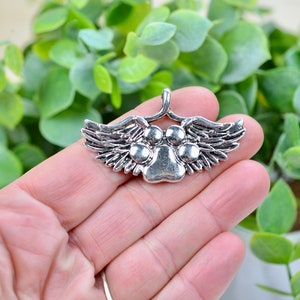 5 Dog Paw with Angel Wings Large Silver Tone Charms SC2625