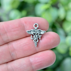 May include: Silver charm with a caduceus symbol and the letters LVT. The charm is in the shape of a winged snake.