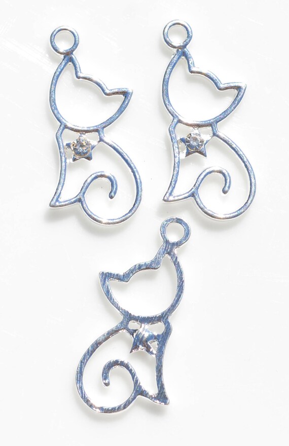 1 Cat Bright Silver Plated With a Rhinestone Charms SC5224 - Etsy UK