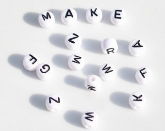 20 White Acrylic Alphabet Letter Beads, 7mm, Mixed Letters, Round  Beads  BD1065