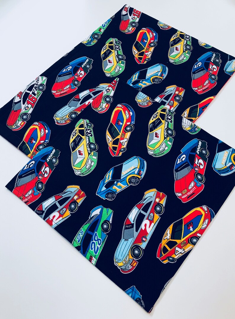 Kids Napkin and Placemat Set Small Kid Sized Race Cars Reusable Cloth Napkin