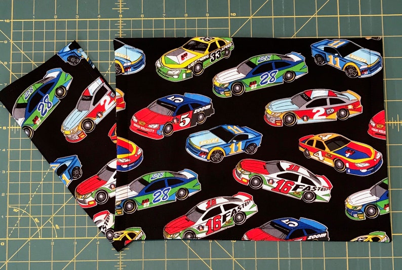 Kids Napkin and Placemat Set Small Kid Sized Race Cars Reusable Cloth Napkin