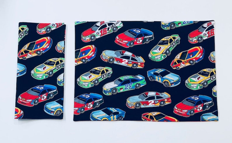Kids Napkin and Placemat Set Small Kid Sized Race Cars Reusable Cloth Napkin