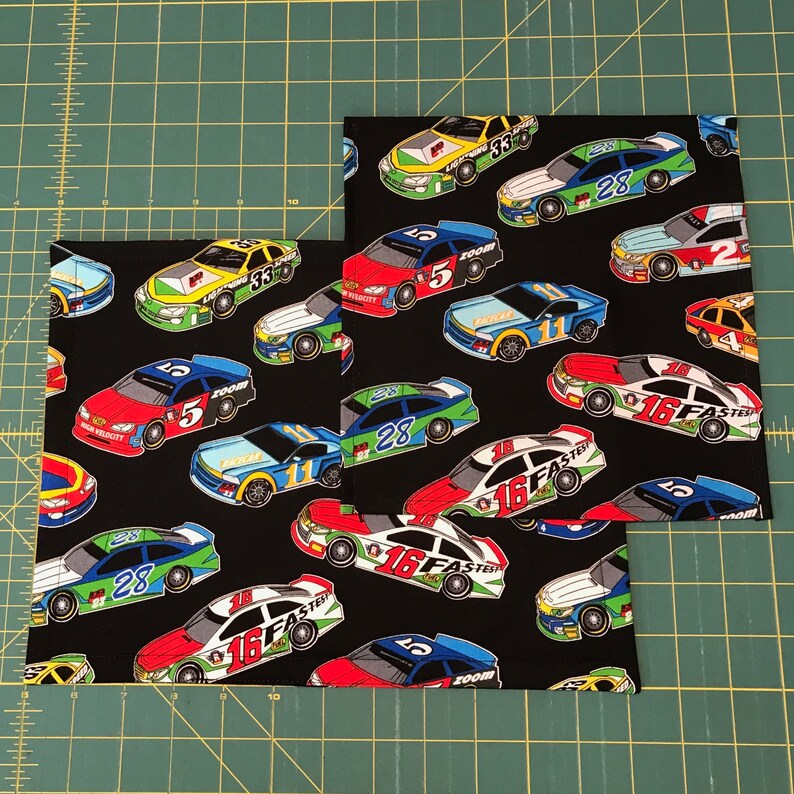 Kids Napkin and Placemat Set Small Kid Sized Race Cars Reusable Cloth Napkin