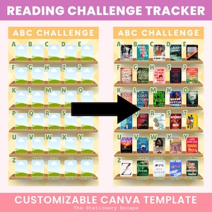 Tracker di sfide di lettura dell'alfabeto, sfida dalla A alla Z, modello Canva, personalizzabile, personalizzato, sfida del libro ABC, sfida dell'alfabeto