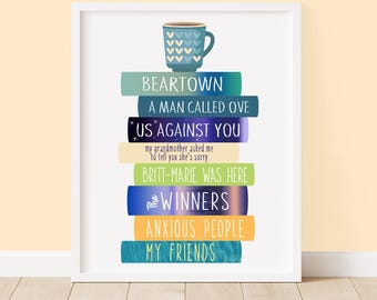 Fredrik Backman Book Stack Art Print, Bookish Prints, Gifts for Book Lovers and Readers, Wall Art, Home Decor,