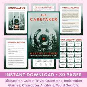 May include: An Ultimate Book Club Kit featuring The Caretaker by Marcus Kliewer. Includes a book cover, bookmarks, a cheat sheet, notable quotes, discussion questions, trivia question cards, and a word search puzzle, totaling 30 pages of content.