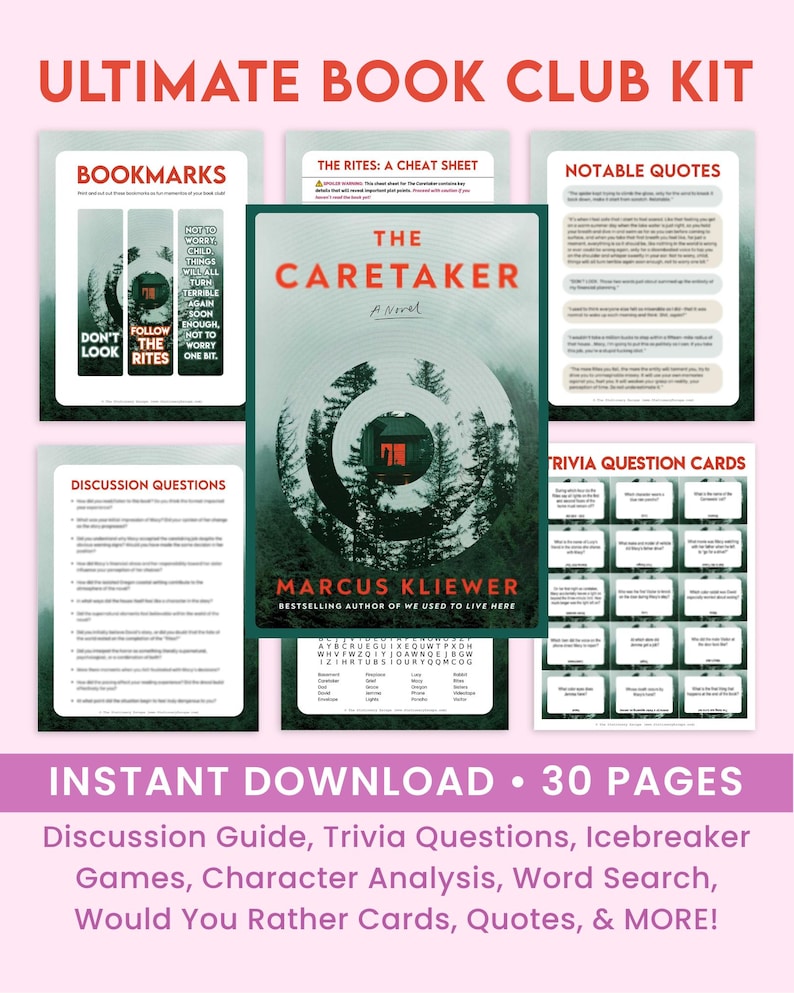 May include: An Ultimate Book Club Kit featuring The Caretaker by Marcus Kliewer. Includes a book cover, bookmarks, a cheat sheet, notable quotes, discussion questions, trivia question cards, and a word search puzzle, totaling 30 pages of content.