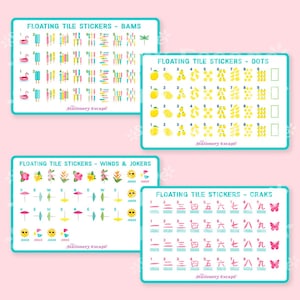 May include: Four rectangular sheets of floating tile stickers labeled Bams, Dots, Winds & Jokers, and Craks. Each sheet features rows of small colorful icons, numbers, and symbols including flamingos, popsicles, lemons, flowers, and Chinese characters.