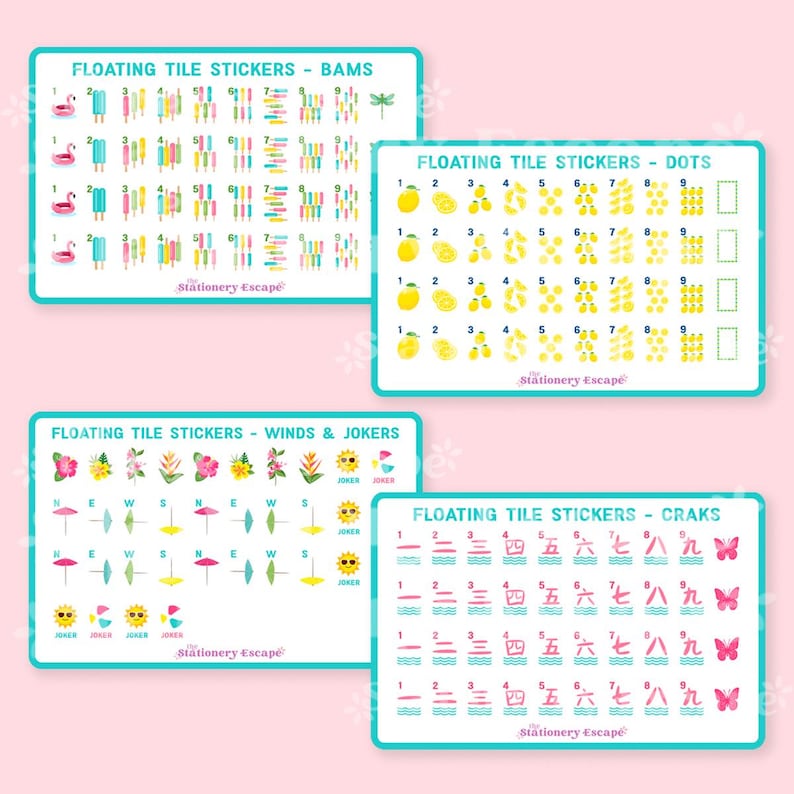 May include: Four rectangular sheets of floating tile stickers labeled Bams, Dots, Winds & Jokers, and Craks. Each sheet features rows of small colorful icons, numbers, and symbols including flamingos, popsicles, lemons, flowers, and Chinese characters.