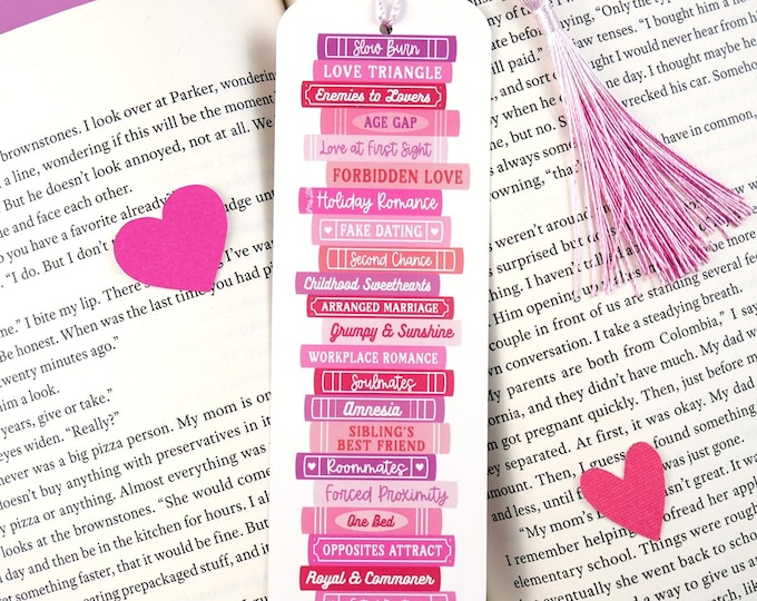 Romance Tropes Book Stack Bookmark, Romance Bookmark, Romantasy, Spicy, Smut, Gift Idea for Readers, Bookish Accessories, Booktok Gift Idea