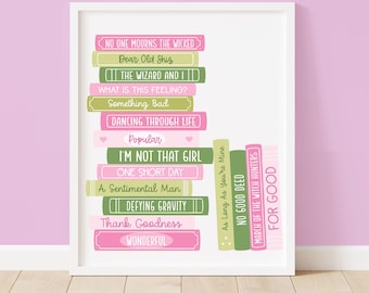 Pink & Green Witch Book Stack Digital Art Print, Bookish Prints, Broadway, Musical Song Titles, Printable Art, Gift Idea, Glinda, Elphaba