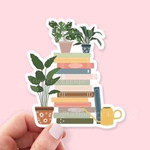 Plants & Book Stack Sticker - Cozy Bookish Plant Lover Vinyl Sticker