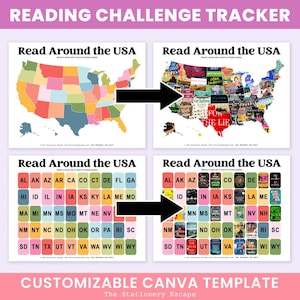 Könnte beinhalten: Eine anpassbare Canva-Vorlage für einen Lese-Challenge-Tracker. Die Vorlage zeigt eine Karte der Vereinigten Staaten, wobei jeder Bundesstaat durch ein Quadrat dargestellt wird. Die Quadrate sind farbcodiert und mit den Bundesstaat-Abkürzungen beschriftet. Der Text "Read Around the USA" wird oben auf der Vorlage angezeigt.