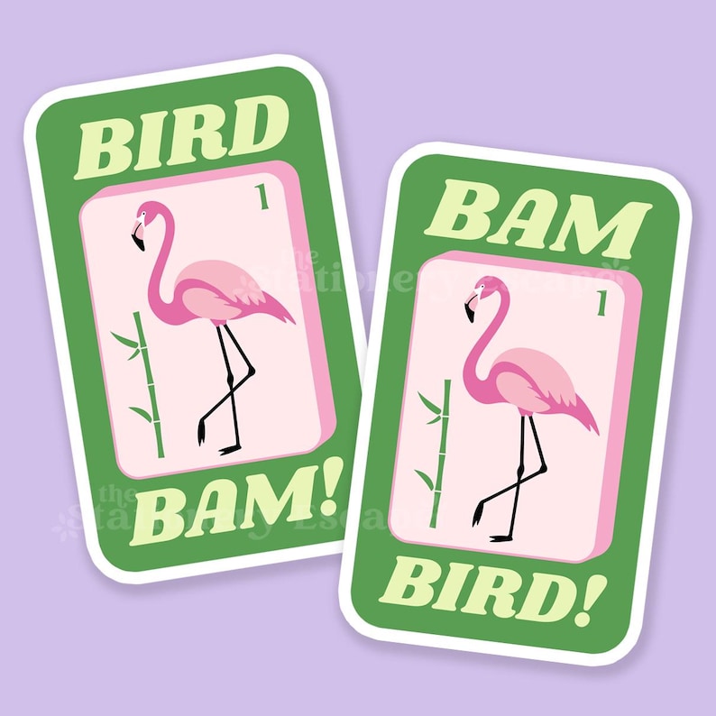 Fågel Bam Mahjong-klistermärken, Flamingo Rosa & Grön, Vattentät vinyldekal, 2 designalternativ, Mah Jong-älskarepresent, Mahjong-klistermärke bild 1
