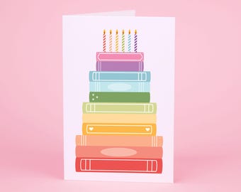 Book Stack Birthday Card, Bookish Card, Happy Birthday Card, Blank Greeting Card, B-day Gift for Readers, Birthday Cake Card, Rainbow