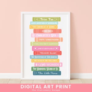 May include: A digital art print featuring a stack of colorful books with the titles of classic children's literature, including "Peter Pan", "Alice's Adventures in Wonderland", "The Chronicles of Narnia", "Heidi", "Charlotte's Web", "Pippi Longstocking", "The Secret Garden", "Anne of Green Gables", "Treasure Island", "The Adventures of Tom Sawyer", "The Wind in the Willows", "Little Women", "The Wonderful Wizard of Oz", and "The Little Prince".