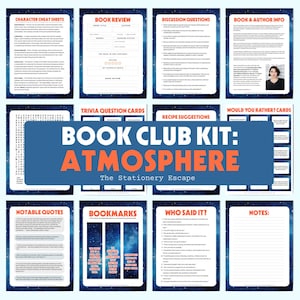 May include: A book club kit titled "Atmosphere" with various printable sheets. The kit includes character cheat sheets, book review templates, discussion questions, trivia cards, and bookmarks. The Stationery Escape is the brand.