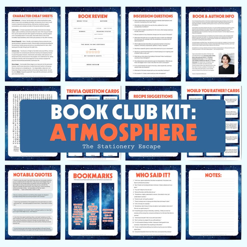 May include: A book club kit titled "Atmosphere" with various printable sheets. The kit includes character cheat sheets, book review templates, discussion questions, trivia cards, and bookmarks. The Stationery Escape is the brand.