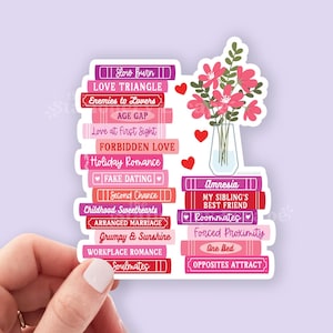 Romance Tropes Book Stack Sticker, Romance Bookish Sticker, Kindle Decal, Gifts for Spicy Book Lovers, Laptop Decal, Waterproof, Book Club
