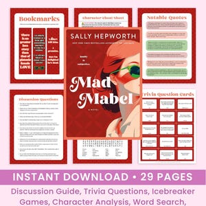 May include: A book club kit with the title "Ultimate Book Club Kit" in red. The kit includes bookmarks, a character cheat sheet, notable quotes, discussion questions, and trivia question cards. The kit also features the book "Mad Mabel" by Sally Hepworth.