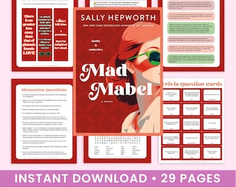 May include: A book club kit with the title "Ultimate Book Club Kit" in red. The kit includes bookmarks, a character cheat sheet, notable quotes, discussion questions, and trivia question cards. The kit also features the book "Mad Mabel" by Sally Hepworth.