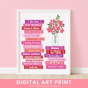 Op de afbeelding: Een digitale kunstprint met een stapel boeken met verschillende soorten liefdesrelaties op de ruggen, zoals "Slow Burn", "Love Triangle", "Enemies to Lovers", "Age Gap", "Love at First Sight", "Forbidden Love", "Holiday Romance", "Fake Dating", "Second Chance", "Childhood Sweethearts", "Arranged Marriage", "Grumpy & Sunshine", "Workplace Romance", "Soulmates", "Amnesia", "My Sibling's Best Friend", "Roommates", "Forced Proximity", "One Bed" en "Opposites Attract". De boeken staan op een witte achtergrond met een vaas met roze bloemen aan de rechterkant.