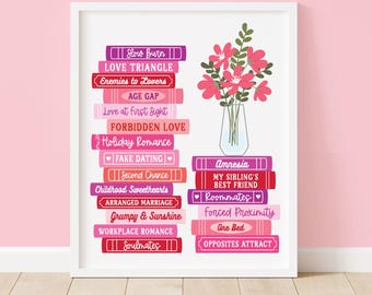 Romance Tropes Book Stack Digital Art Print, Bookish Wall Art, Printable Wall Art, Romance Novels, Love Story, Valentine's Gift, Book Lovers