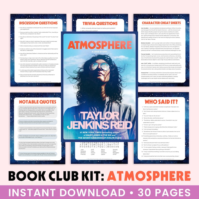 May include: A book club kit featuring the book "Atmosphere: A Love Story" by Taylor Jenkins Reid. The kit includes discussion questions, trivia, character cheat sheets, and notable quotes. The cover of the book features a person wearing sunglasses against a blue sky background.