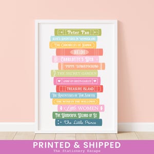 May include: A framed print featuring a stack of colorful book spines. Each book spine displays a classic children's book title, including "Peter Pan," "Alice's Adventures in Wonderland," and "The Wonderful Wizard of Oz." The bottom of the frame reads "PRINTED & SHIPPED."