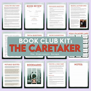 May include: A digital book club kit for The Caretaker, featuring twelve printable pages including a character cheat sheet, book review, discussion questions, author info, word search, trivia, recipes, would you rather cards, quotes, bookmarks, rites, and notes.