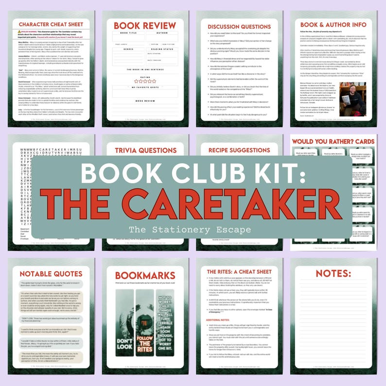 May include: A digital book club kit for The Caretaker, featuring twelve printable pages including a character cheat sheet, book review, discussion questions, author info, word search, trivia, recipes, would you rather cards, quotes, bookmarks, rites, and notes.